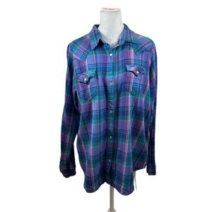 Ladies Vintage Wrangler Rancher Shirts Purple Plaid Flannel Pearl Buttons XXL